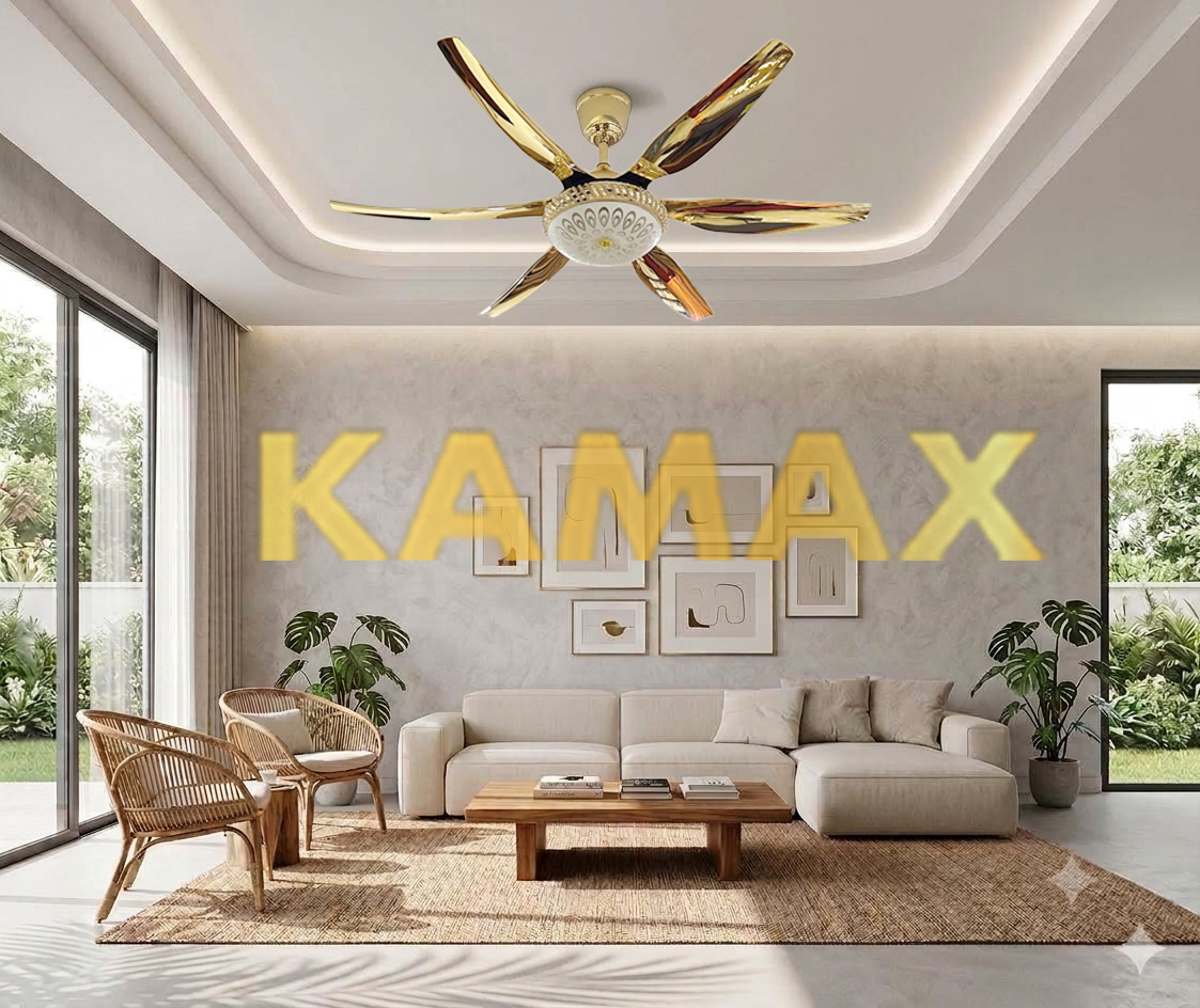 Quạt trần 6 cánh vàng bóng chao pha lê KM 02